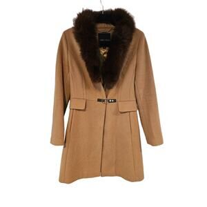 Ivanka Trump Wool Coat with Brown Fur Collar in Camel / Tan